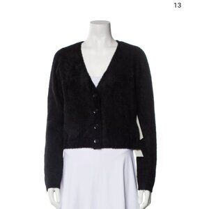 Rachel Zoe Black Fuzzy Button-Front Cardigan Sweater V-Neck Long Sleeve Size XS